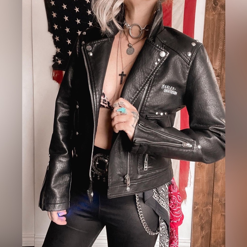 Hand Painted Faux Leather Harley Davidson Jacket